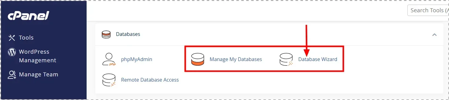 cPanel 홈 화면에서 Databases 섹션의 MySQL Database Wizard 아이콘 위치를 표시한 화면