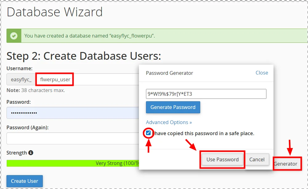 Step 2 — Create Database Users 화면. 사용자 이름, 비밀번호 입력란, Password Generator 버튼이 보이는 화면