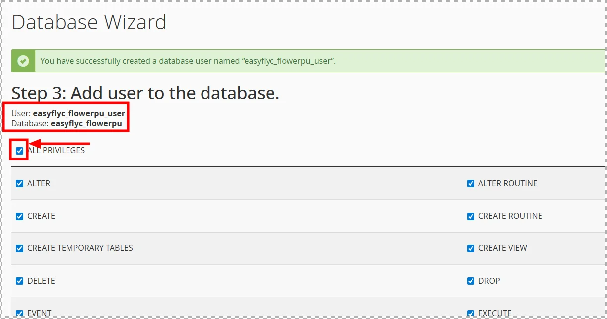 Step 3 — Add User to Database 화면. 체크박스 목록과 ALL PRIVILEGES 옵션이 보이는 화면