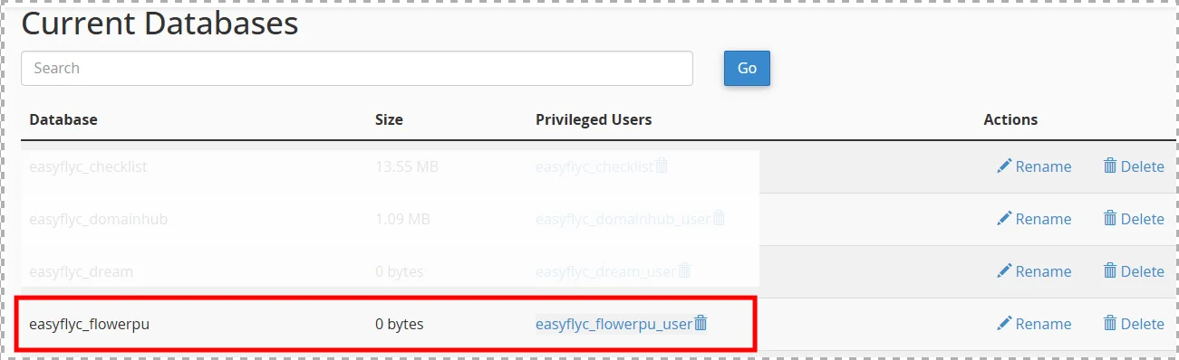 MySQL Databases 화면의 Current Databases 목록에서 새로 생성한 DB가 보이는 화면
