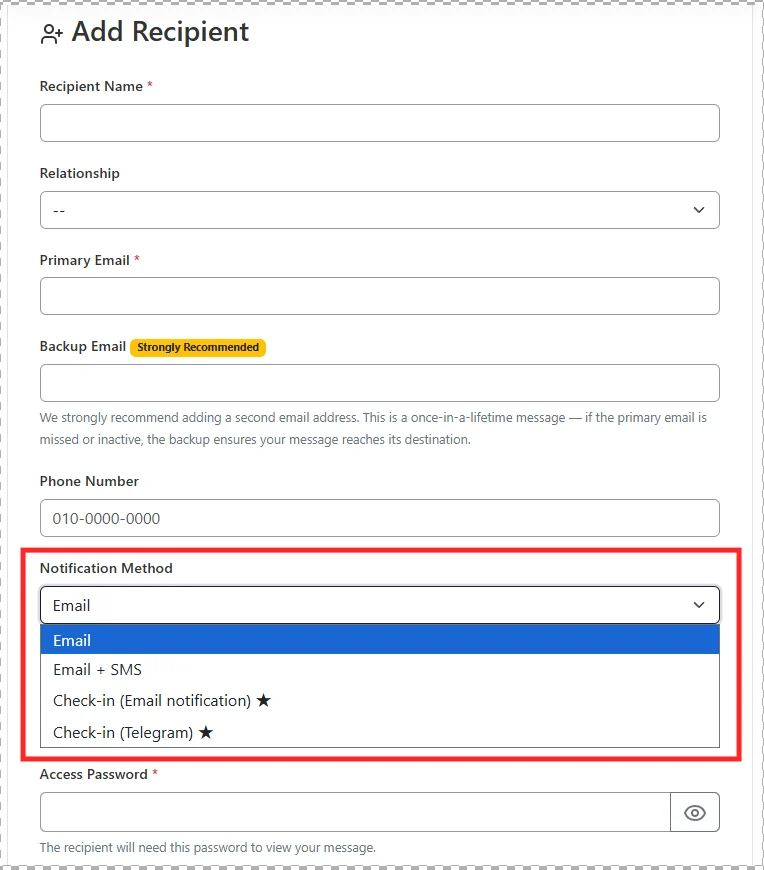 Recipient setup page showing delivery method options