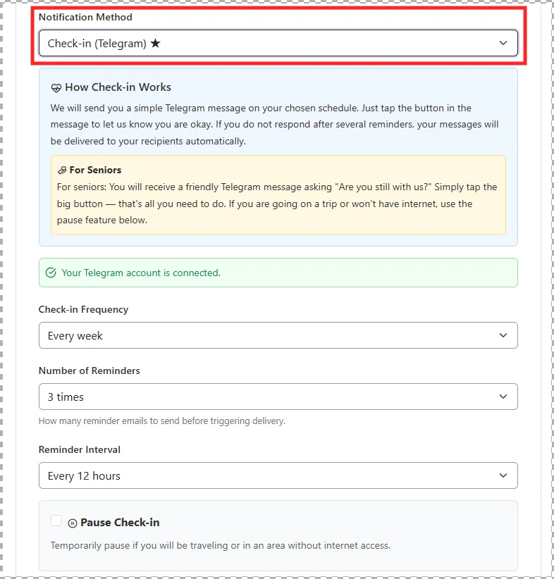 Check-in settings page with interval and reminder options