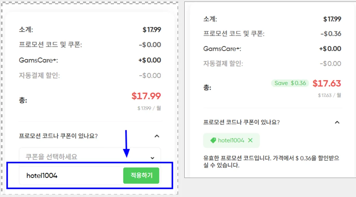 할인쿠폰을 입력한 모습